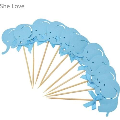 Chzimade 10 Pcs Cute Blue Elephant Bowknot Cake Topper Unique Cupcake Wrapper Wedding Party Birthday Decor