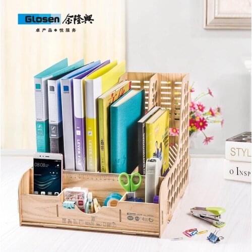 Wooden DIY Desktop Office Stationery Organizer with 4 Columns Tray