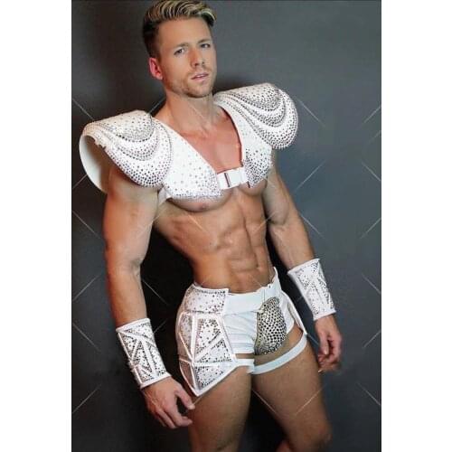 Europe Model Catwalk concert muscle men DS dance team dance bar white armor version sexy GOGO costume Shiny diamond suit