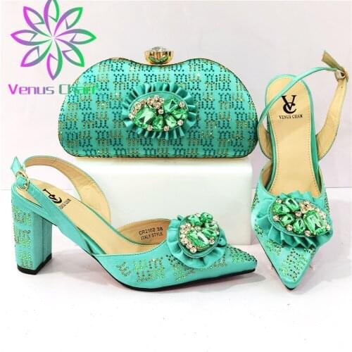 Italian Design Newest Special Butterfly Style Nigerian Women Shoes and Bag Set Decorated With Rhinestone in Green Color