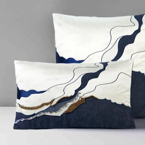 Chinese landscape painting abstract high end handmade embroidered cushion cover beads pillowcase sofa PU lumbar pillow cover
