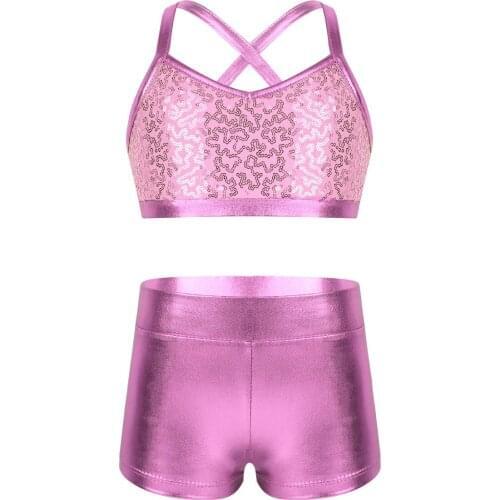2PCS Kids Girls Tankini Outfit Spaghetti Shoulder Straps Shiny Sequins Tank Top with Bottoms for Ballet Dance Gym Workout Set
