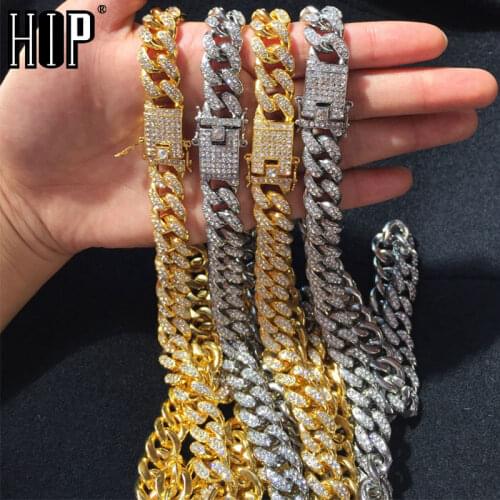 Hip Hop 13MM Miami Curb Cuban Chain Necklace Gold Iced Out AAA Paved Rhinestones CZ Bling Necklaces Men Rapper Jewelry