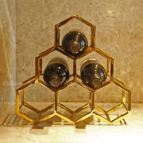 A Honeycomb-shaped Metal Wine Rack Stainless Steel Wine Holder For 6 Bottles Horizontal Storage Rack Free Standing Golden Home