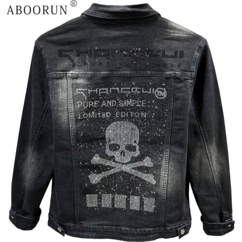 ABOORUN 2021 Mens Punk Skull Denim Jackets Letters Printed Ripped Jean Jackets Fashion Brand Coat for Male
