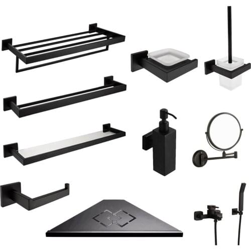 304 Stainless Steel Bathroom Hardware Set Towel Rack Bathroom Toilet Brush Holder Bathroom Accessories Set Black Soap Dispenser