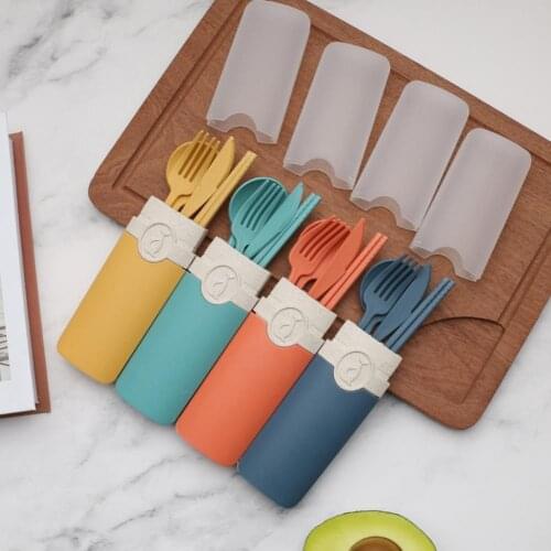 4 Colors 1 Set Great Outdoor Tableware Cutlery Set Wheat Straw Cutlery Chopsticks Food Grade for Household