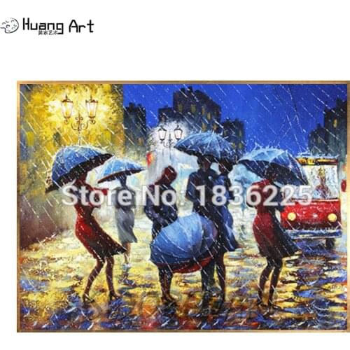 Hand-painted People in Street of Rain Landscape Oil Painting on Canvas for Living Room Decoration Knife Landscape Oil Painting