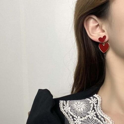 Red Heart Earring Vintage Irregular Love Hearts Bow Knot Stud Earrings for Women Fashion Korean Style Statement Jewelry Gift