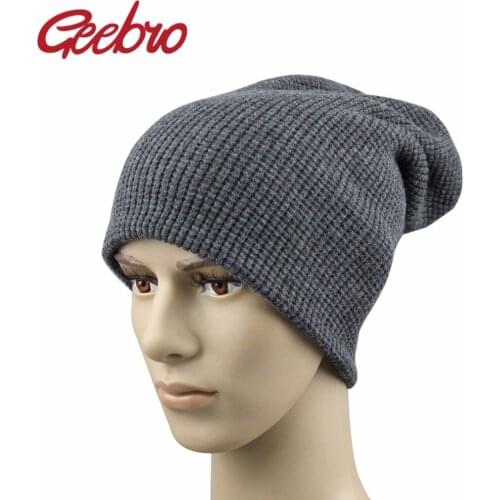 Geebro Brand Mens Spring Winter Hats Cashmere Warm Knitted Dad Hat for Men Real Wool Fur Skully Beanie 4 Color Black JS270A