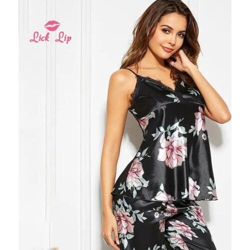 Lick Lip Print Silk Satin Pajama Female V-Neck Sling Long Pants Set Sleepwear Sexy Lace Sleepwear Women Nightclothes SWD17348-30