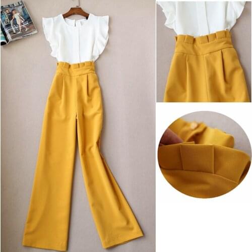Spring Summer Office Ladies Top + Pants One Set Elegant Ruffled Chiffon Tank Top and Wide Leg Suit Trousers