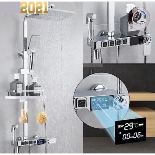 Bathroom Shower Faucet Polished Chrome Bathroom Shower Mixer Set Luxury Digital Bath Rainfall Shower System Thermostatic Faucet