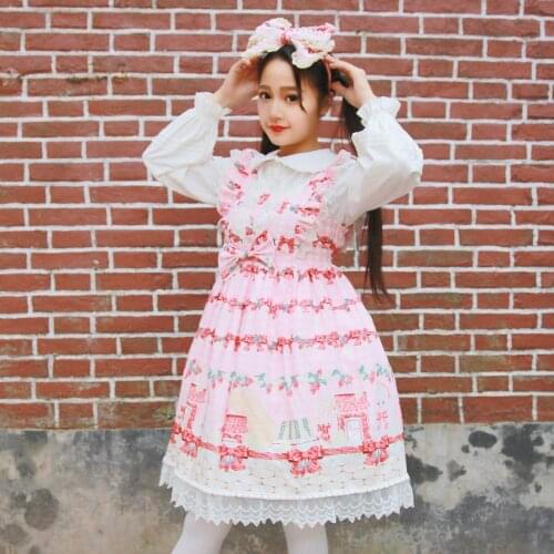 Spring Autumn Hot New Products Kawaii Strawberry Picnic Rabbit Japanese Lolita Cute Sweet Bow Lace Sleeveless Dress