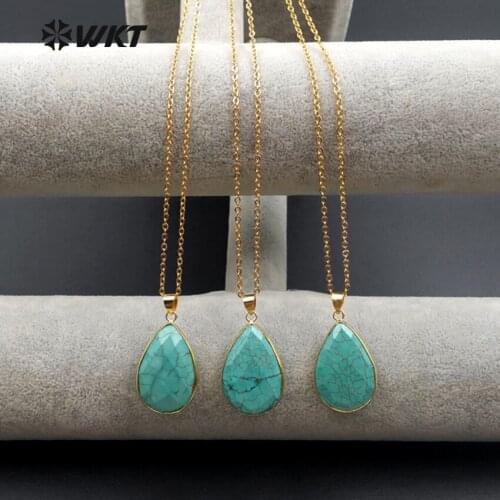 WT-N1085 WKT Wholesale Top Fashion 5 Pieces Chain Jewelry Water Drop Shape Natural Green Stone Generous Pendant Necklace