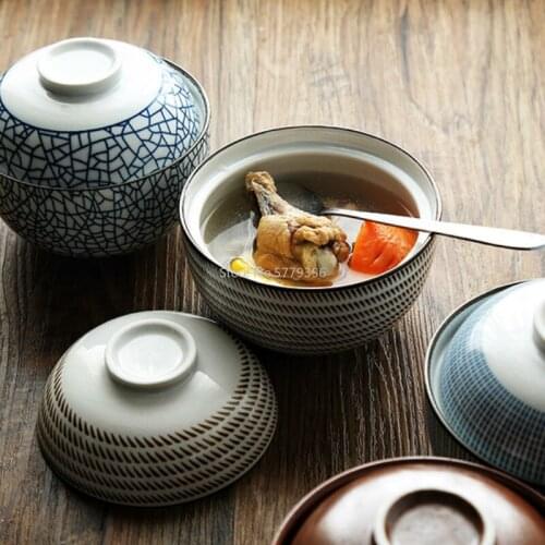 Japanese Creative 4.5-inch 6.5-inch Ceramic Soup Bowl with Lid Blue and White Porcelain Rice Bowl High Quality Stew Soup Bowl