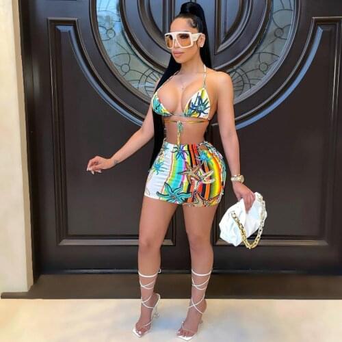 2021 High Quality New Design 3 pcs Women Set Print Spaghetti Strap Short Tops and Shorts Mini Dress Summer Beach Outfits