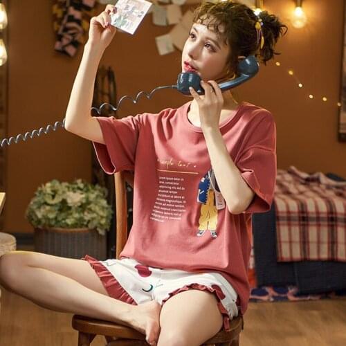 Womens Summer Cotton Short Sleeve Loose Lovely Thin Sweet Household Suit Pajamas Set
