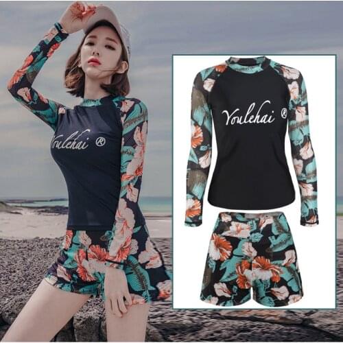 Womens 2pcs Rashguards Swimsuit Long Sleeve Padded Shirt Printed Shorts Sun UV Protection Bathing Suit Yoga Athletic Tracksuits