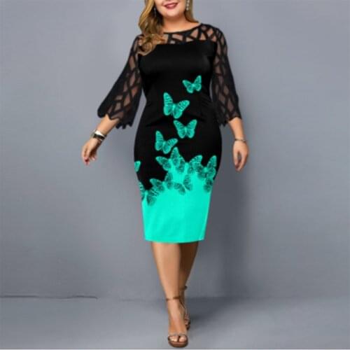 Women Summer Vintage Straight Sexy Slim Print Lace Patchwork Elegant Dress Casual O-neck Flare Sleeve Party Dress Plus Size 6xl