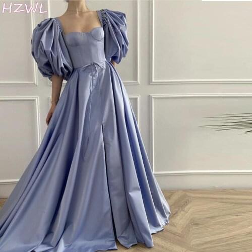 VintageTaffeta Blue Evening Dresses Skysail Puffsleeves A-Line Low Corset Prom Gown With Belt Open Skirt Robe De Soiree