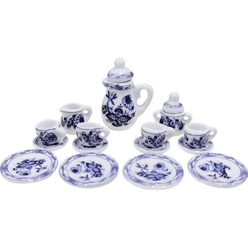 15pcs 1:12 Dollhouse Decor Mini Toy Play House Fairy Garden Plates Dishes Miniature Porcelain Tea Cup Set Kitchen Accessories