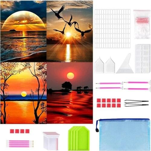 BMBY-4 Pack 5D DIY Diamond Painting Kits, Full Round Drill Cross Stitch Kit, Seaside Sunset Crystal Embroidery Diamond Arts
