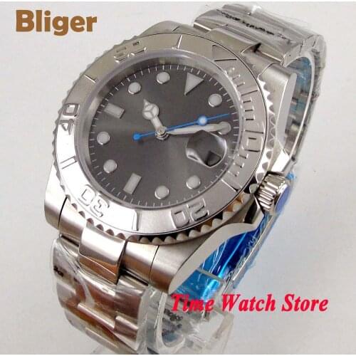 Bliger 40mm Miyota 8215 Automatic mens watch saphire glass grey strile dial super luminous Silver Bezel SS bracelet 116