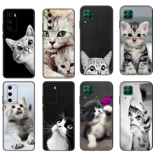 Black tpu Case For Huawei P30 Lite P30 Pro P40 Case For Huawei P40 LITE E P Smart 2020 Case Cover funny cat kiss fish
