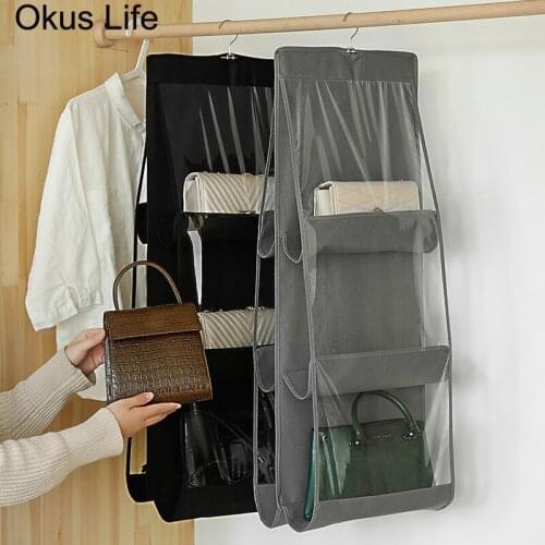 Quality 6 Pocket Hanging Bag Organizer Wardrobe Transparent Storage Bag for Handbag Closet Organizer Door Wall Sundries Pouch