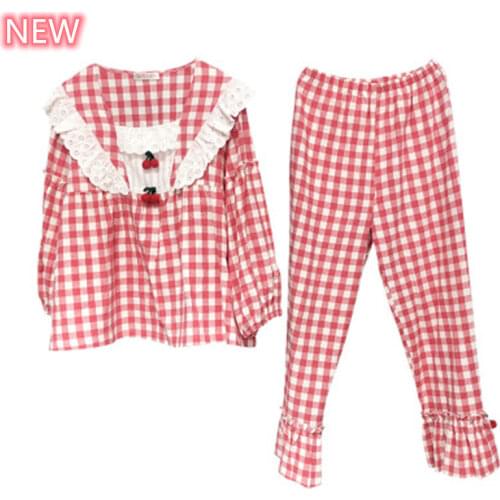 Plaid Pajamas Set Women Sweet Princess Cute Cotton Pyjamas Sexy Lace Full Sleeve Autumn 2Piece/Set Home Mom Sleepwear