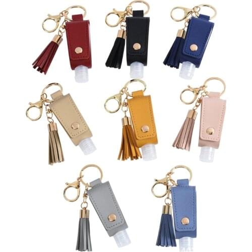 Tassels Leather Keychain Holder Carriers with 30ml Portable Empty Leakproof Plastic Travel Bottle for Hand Sanitizer
