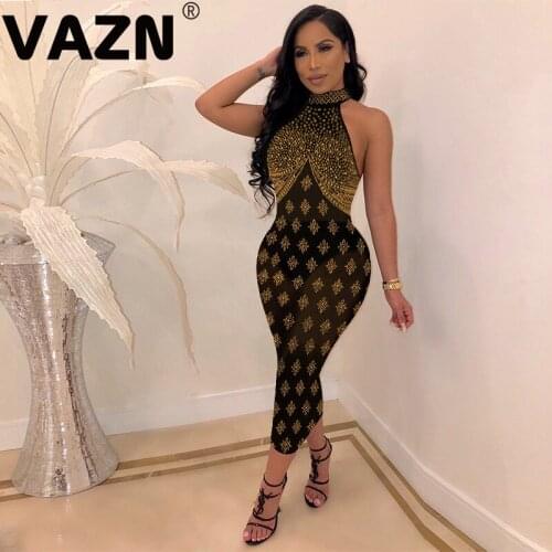 VAZN Chic 2020 summer sexy lady black golden sheath diamonds mid-calf dress sleeveless zipper fly see-throught dress sexy dress