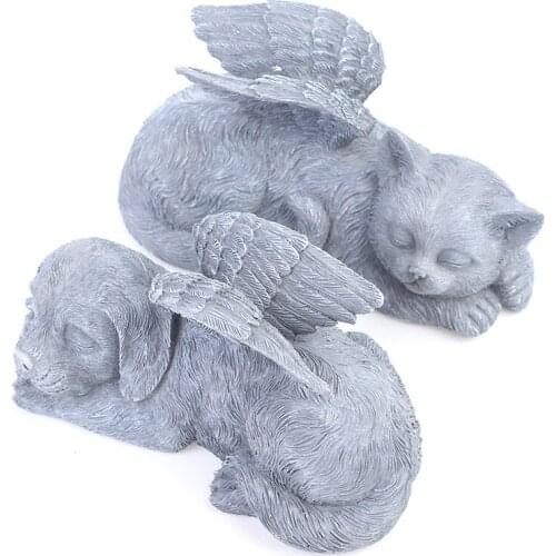 1PC New Creative Angel Pet Statue Super Cute Sleeping Dog Cat in Angels Wing Resin Garden Ornament Home Decoration