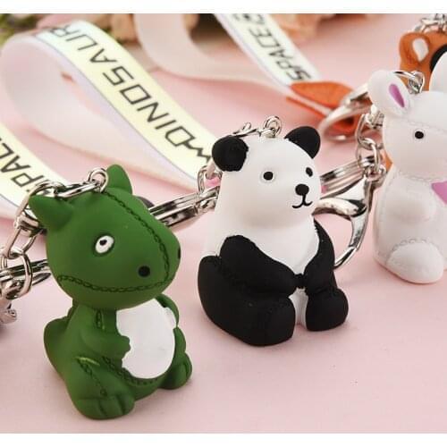 New Cartoon Geometric Facet Dinosaur Panda Doll Keychain Couples Car Key Chain Rabbit Bear Backpack Hanging Keyrings Girls Gift