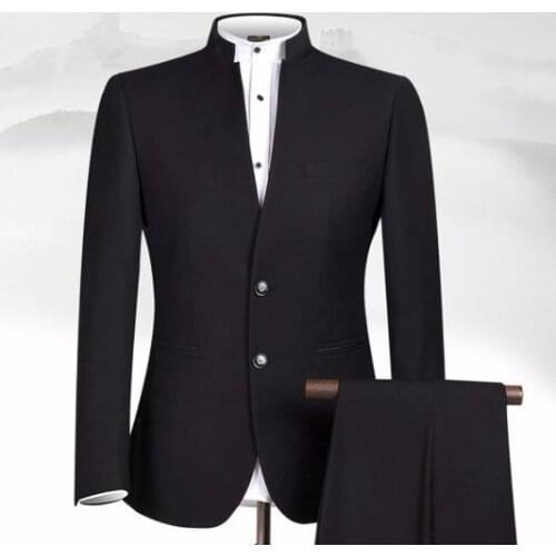 New Design Black Men Suits Stand Collar Classic Suit Business Wear Custom Made Formal Male Suit (jacket+pant)