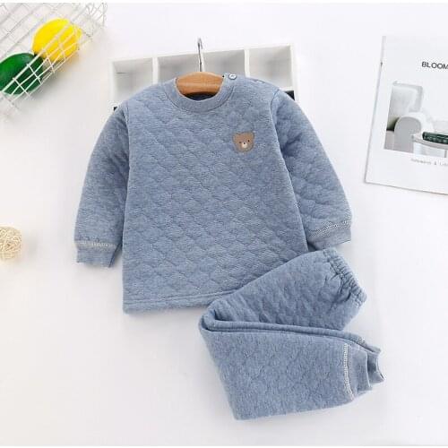 2021 Autumn Winter Soild Color Kid Set Tops+Pants Childrens Sleepwear Suit Toddler Boy Girl Basic Inside Clothes Keep Warm