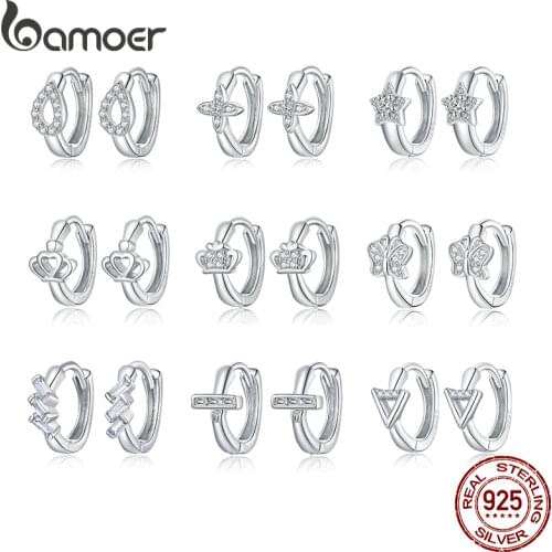 Bamoer 8 Styles 925 Sterling Silver Star Buckles Earrings Crown Flower Shiny Zircon Fashion Daily Jewelry Gift for Girl GXE1037