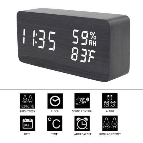 LED Wooden Clock Electronic Desktop Clocks USB/AAA Powered Voice Control Home Decorations Temperature and Humidity Display