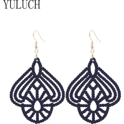 YULUCH Novelty woman flower wood pendant earrings 6 colors drop shoping art simple hollow jewelry women earrings Casual earring