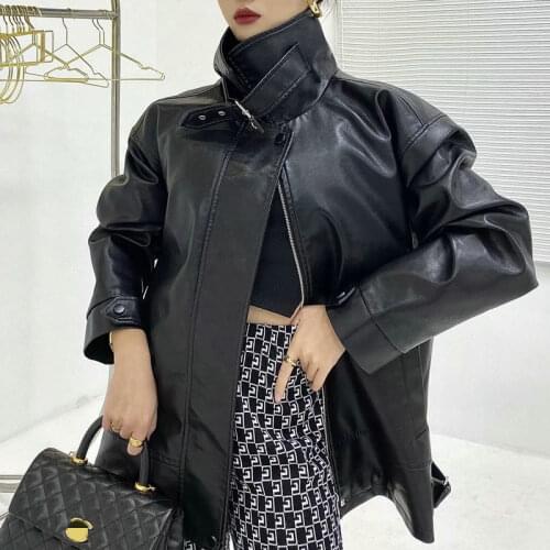 2021 PU Faux Leather Jackets Women Casual Autumn Oversize Loose Biker Outwear Female Tops BF Style Black Beige High Street Coats