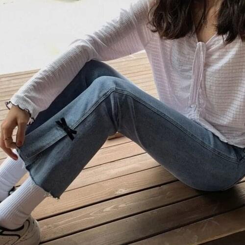 Vintage Bow High Waist Jeans Women Korean Fashion Slim Split Ligh Color Flared Cropped Trousers Slit Streetwear Y2k Jeans Female