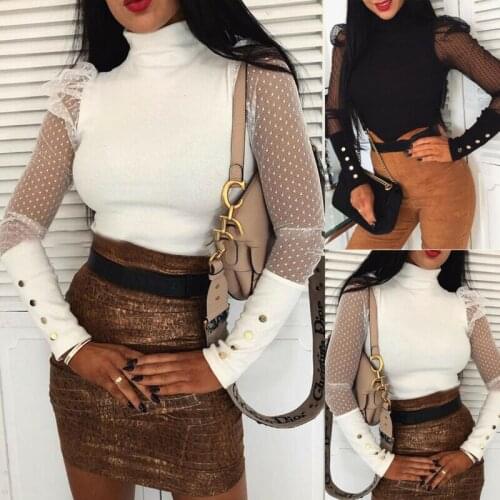 2021 Women Spring Autumn Sweater Mesh Sheer Tops Puff Long Sleeve Polka Dot Knitted Sweaters Blouse Turtleneck Pullover