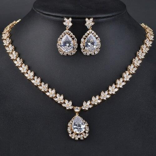 YAN MEI Luxury Jewelry White Gold Color Austria Crystal Pendant Earrings &Necklace Jewelry Sets Bridal Gift for Woman GLN0108