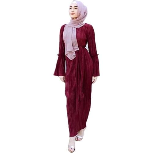 Womens Muslim Hijab Pleated Dress Arab Women Loose Sashes Folding Abayas Arabic Dubai Turkish Kaftan Female Clothing
