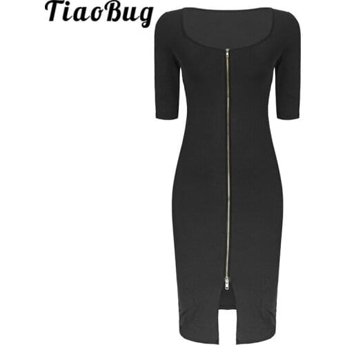 Women Sexy Square Neck Solid Color Half Sleeve Zipper Bodycon Dress for Cocktail Evening Party Ladies Vestidos Nightout Clubwear