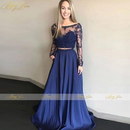 Long Sleeves Lace Beaded Two Pieces Prom Dresses 2020 vestidos de graduación Navy Blue Formal Evening Dress Plus Size Prom Gown