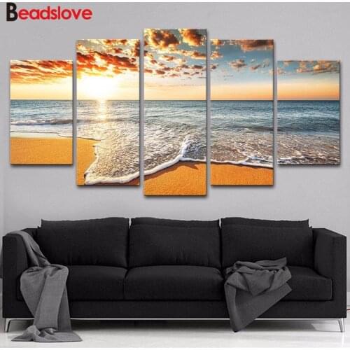 Golden seascape Diamond Painting Diy Full Square Round Drill 5D Diamond Embroidery 5 piece Mosaic Needlework Home Decor