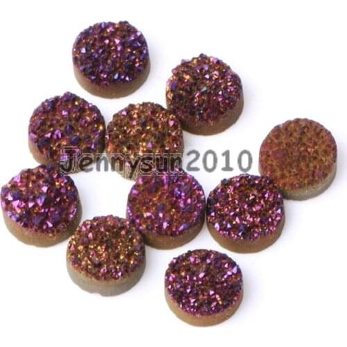 12mm Metallic Purple (No Hole) Druzy Quartz Ag-ate Flat Back Connector Round Cabochon Beads Jewelry 10 Pcs /Pack