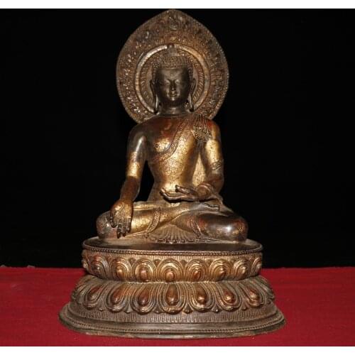 14"Tibet Temple Collection Old Bronze Lacquer Cinnabar Shakyamuni Buddha Back light Sitting Buddha Amitabha Enshrine the Buddha